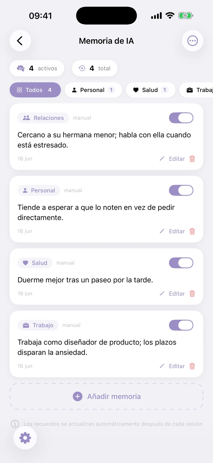 Pantalla de control de memoria de la IA en Beliora para ver, editar, desactivar y borrar recuerdos