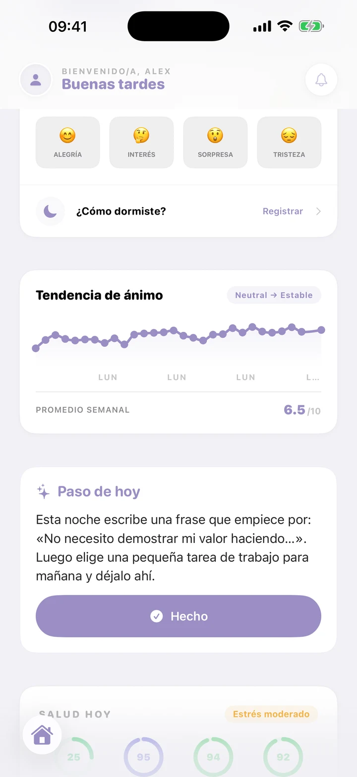 Resumen de sesión de Beliora con el paso para hoy guardado en la pantalla principal