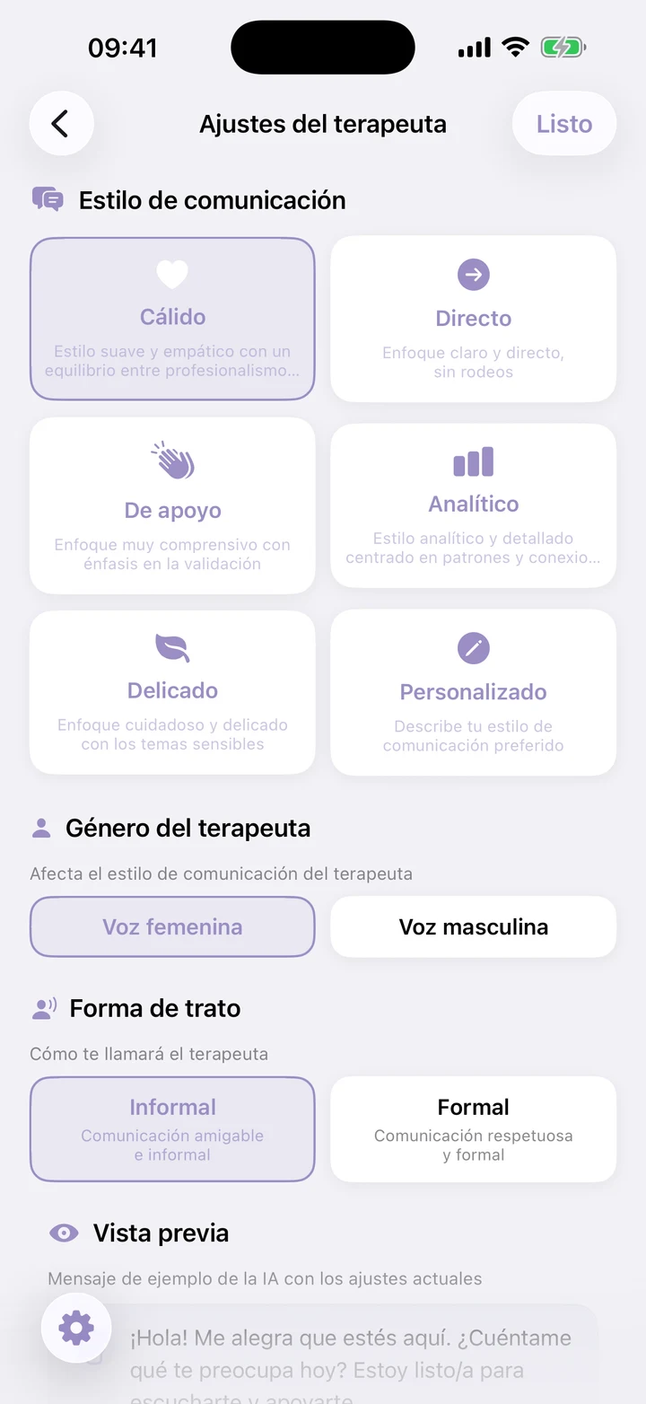 Ajustes de Beliora para personalizar el tono, el estilo y el enfoque de tu terapeuta de IA